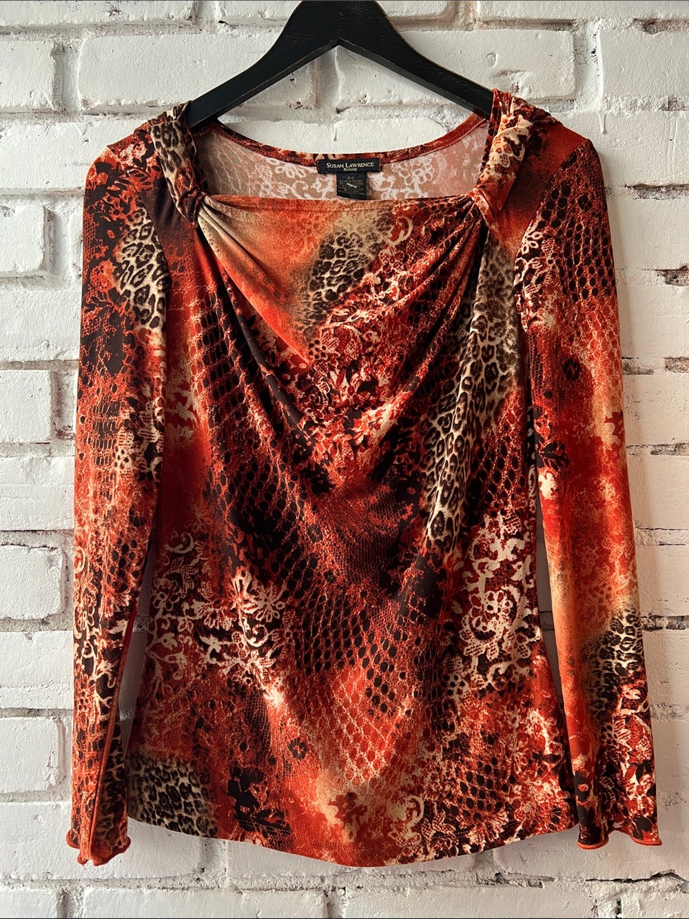 90s Susan Lawrence Red-Orange Animal Print Draped Neck Long Sleeve Top